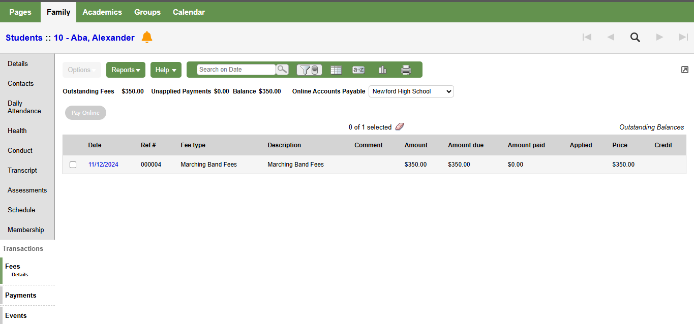 Fees page showing an outstanding fee 