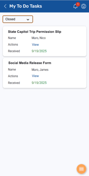 My To Do Tasks with Closed selected and View link highlighted