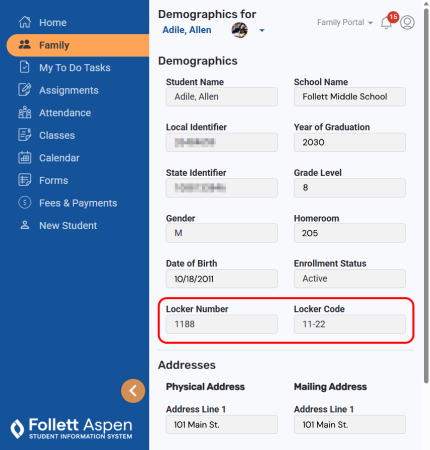Aspen Go Family portal Demographics screen with locker fields highlighted